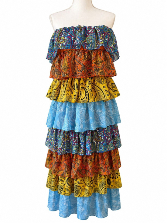 PRETTYLITTLETHING Dresses & Skirts - PrettyLittleThing Tiered Ruffle Maxi Dress Paisley Colorblock Boho Festival Sz 6